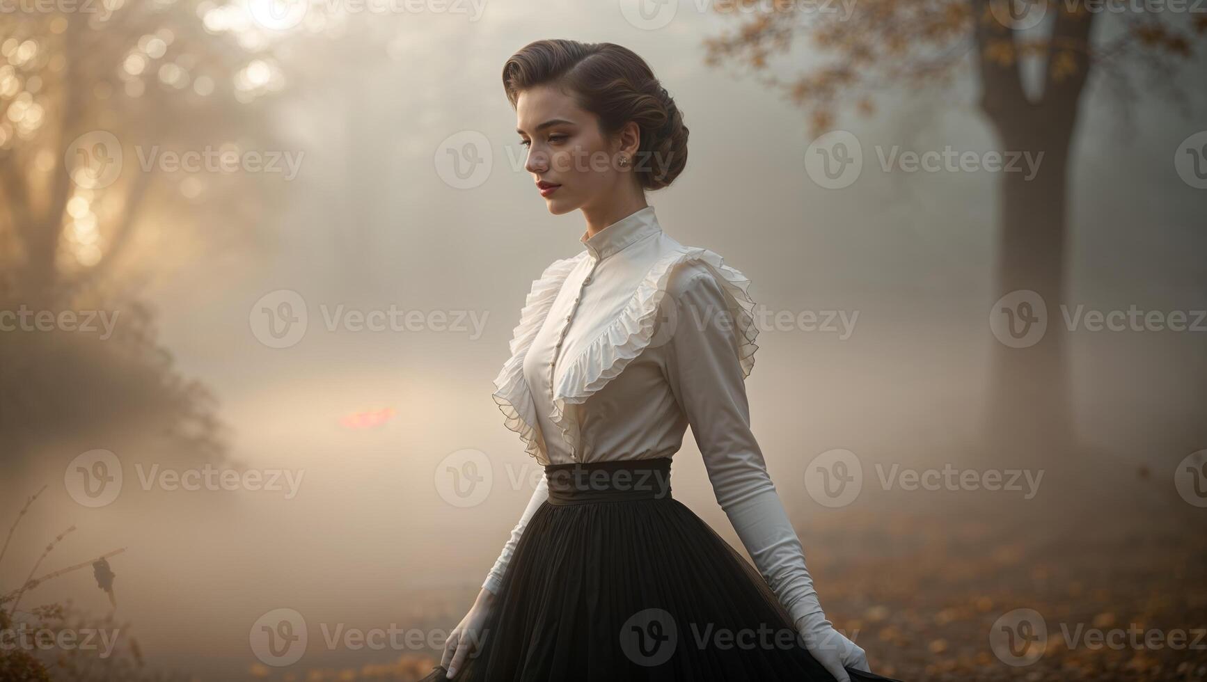 Elegant woman in vintage attire walking through a foggy autumn forest in the early morning light photo