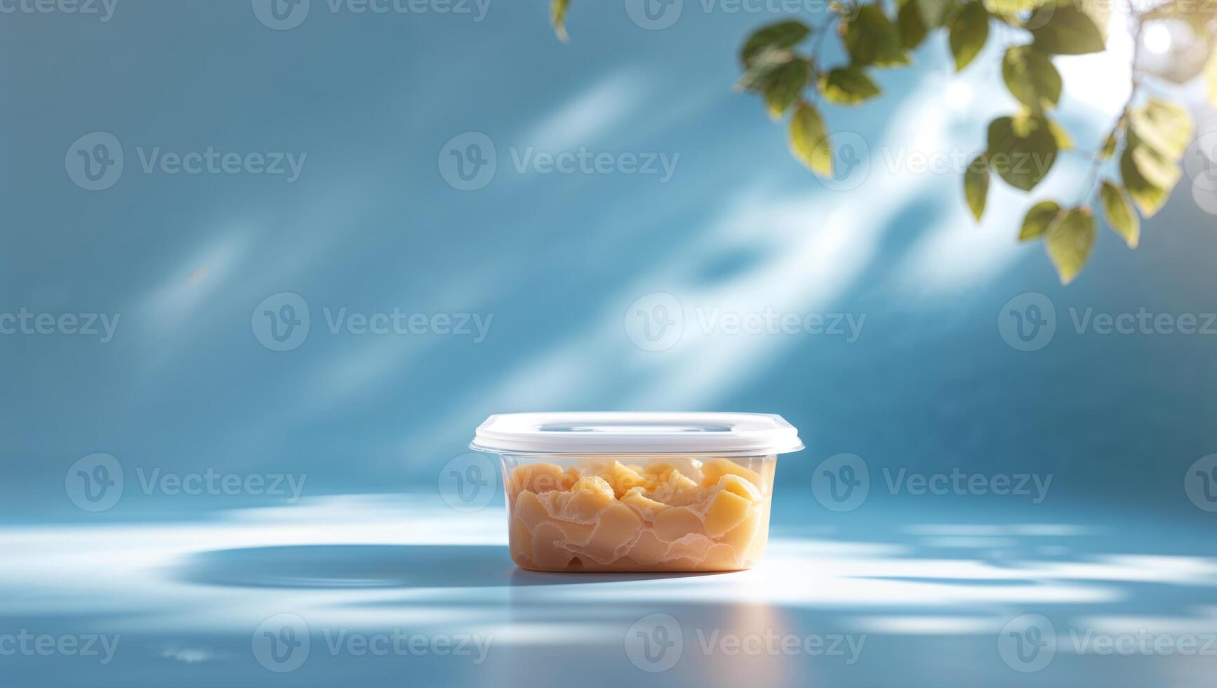 Freshly prepared fruit slices in a clear container on a blue background with soft light and green foliage photo