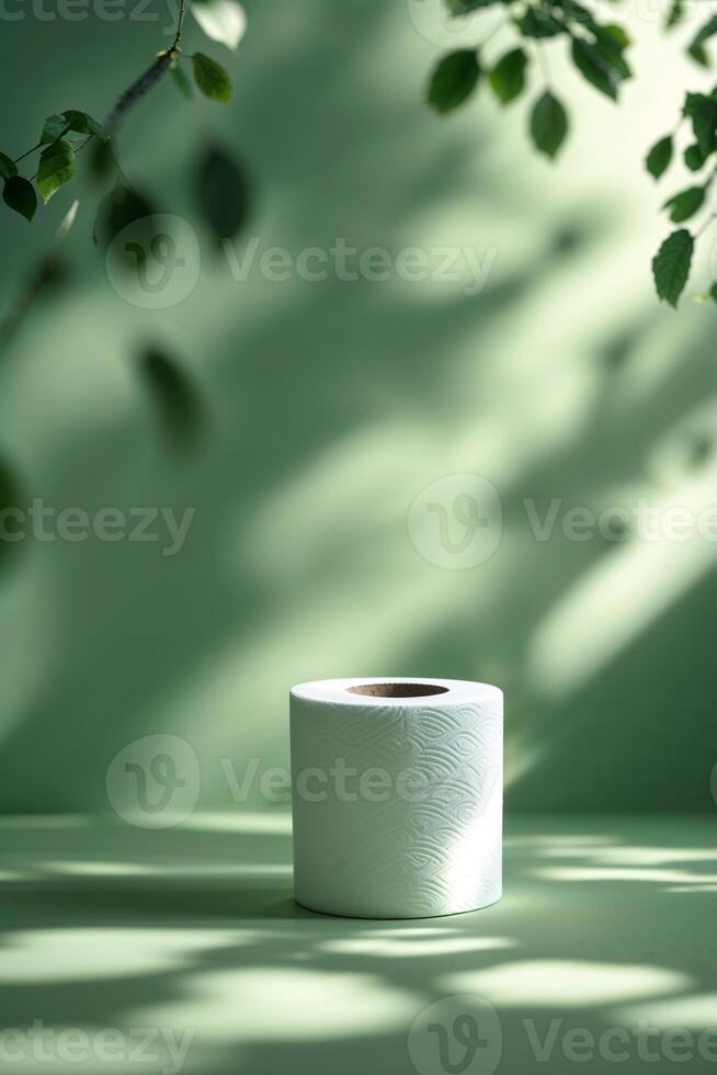 Soft roll of tissue on a minimalistic green background surrounded by gentle shadows and leaves photo