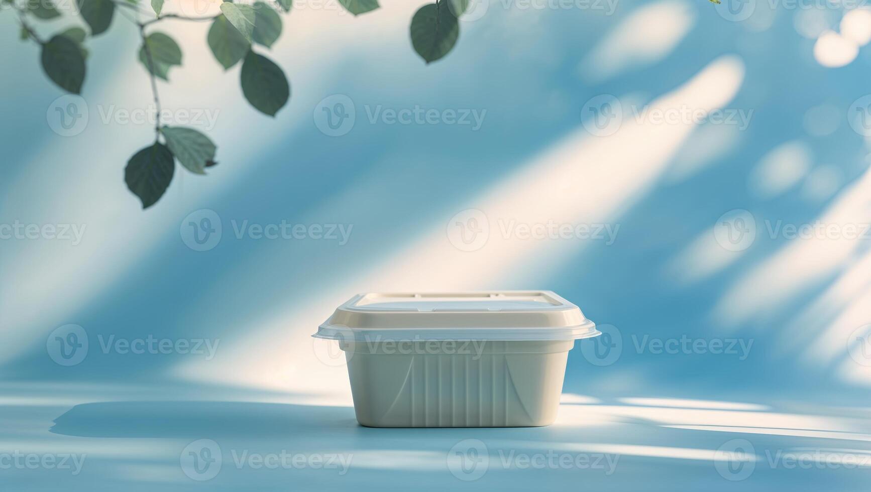Clean and simple takeaway container sits on a surface illuminated by gentle sunlight and soft shadows in an outdoor setting photo