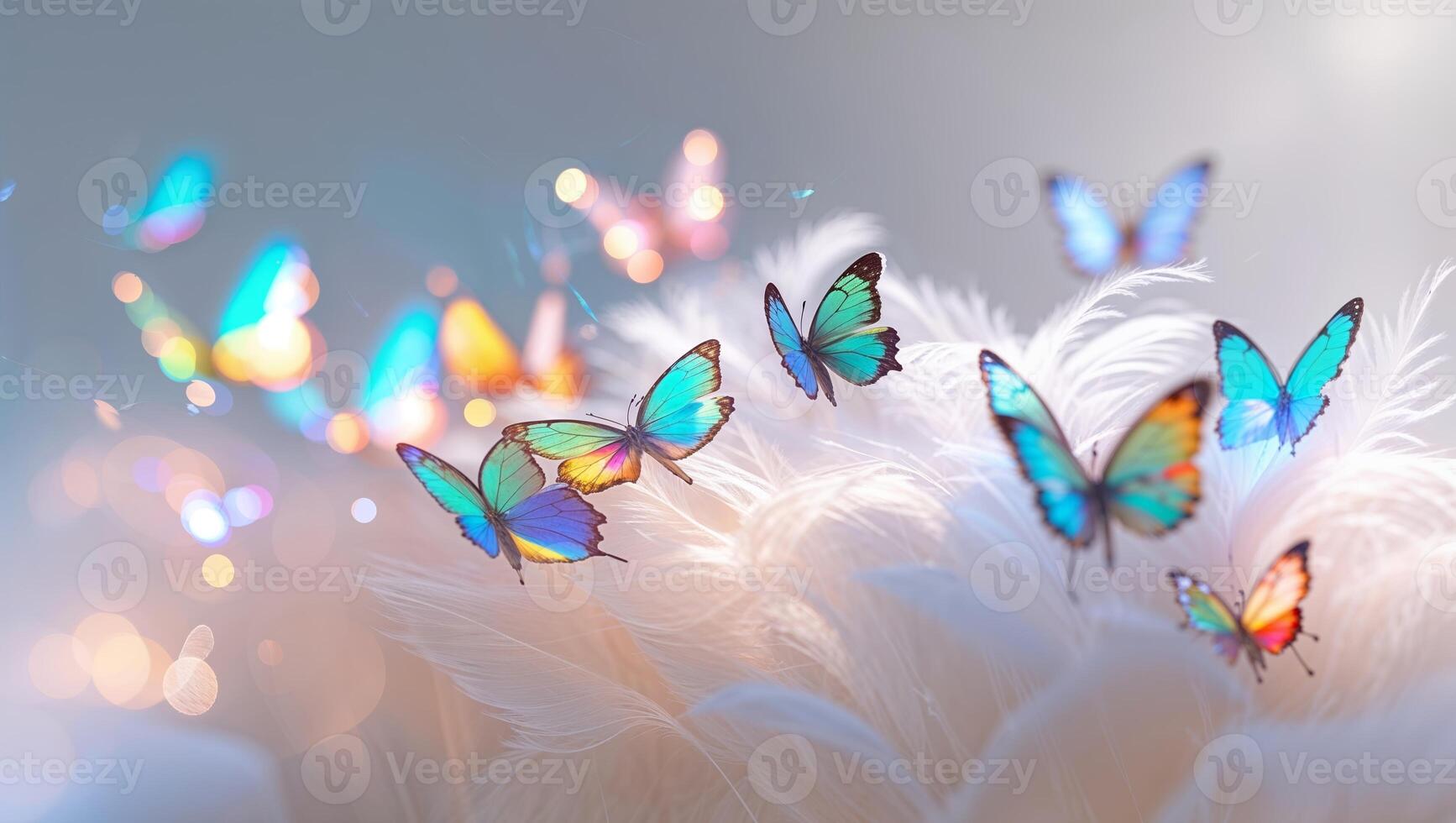 Colorful butterflies flutter around soft feathers in a dreamy, light-filled environment photo
