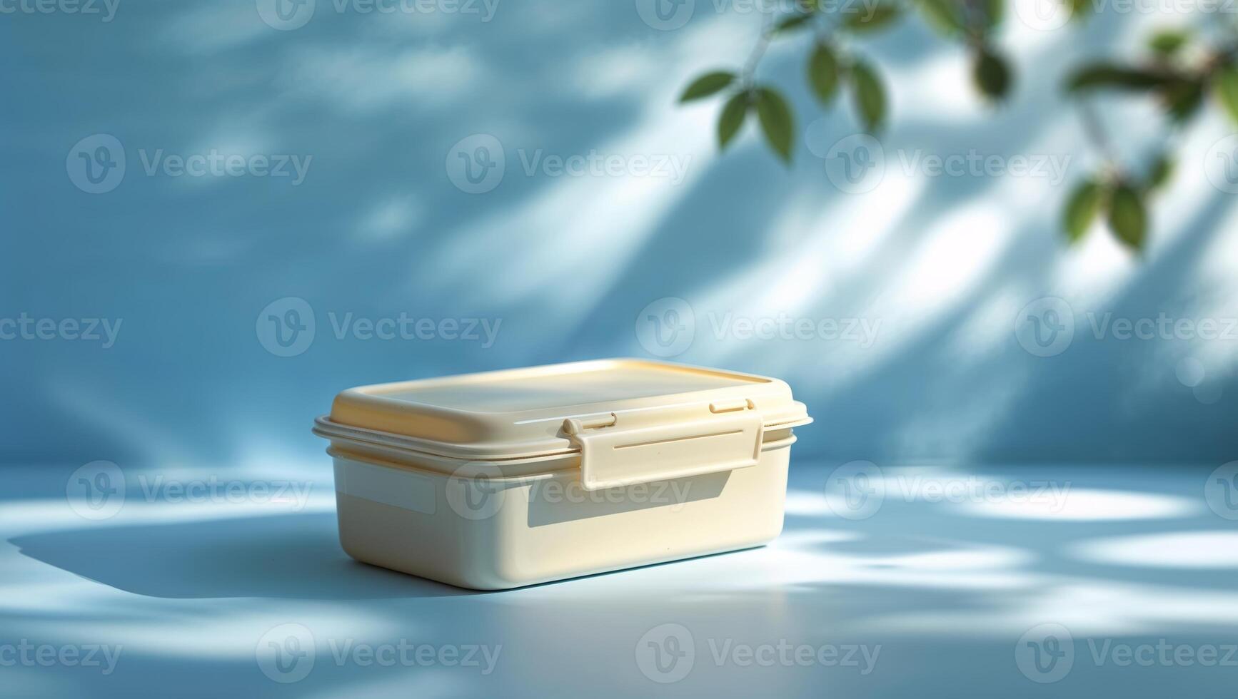 Container positioned on a blue surface with natural light casting soft shadows on a serene background photo