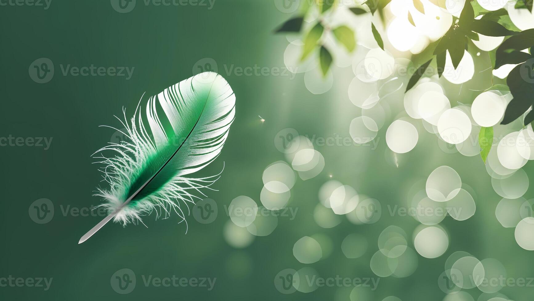 Bright green feather floating gently amidst soft bokeh lights in a serene natural setting photo