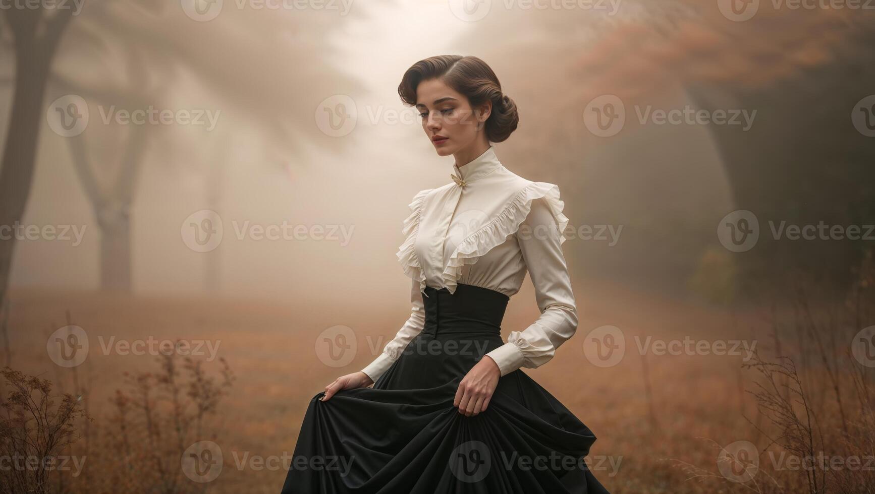 Woman in vintage attire stands gracefully in a foggy forest during autumn photo