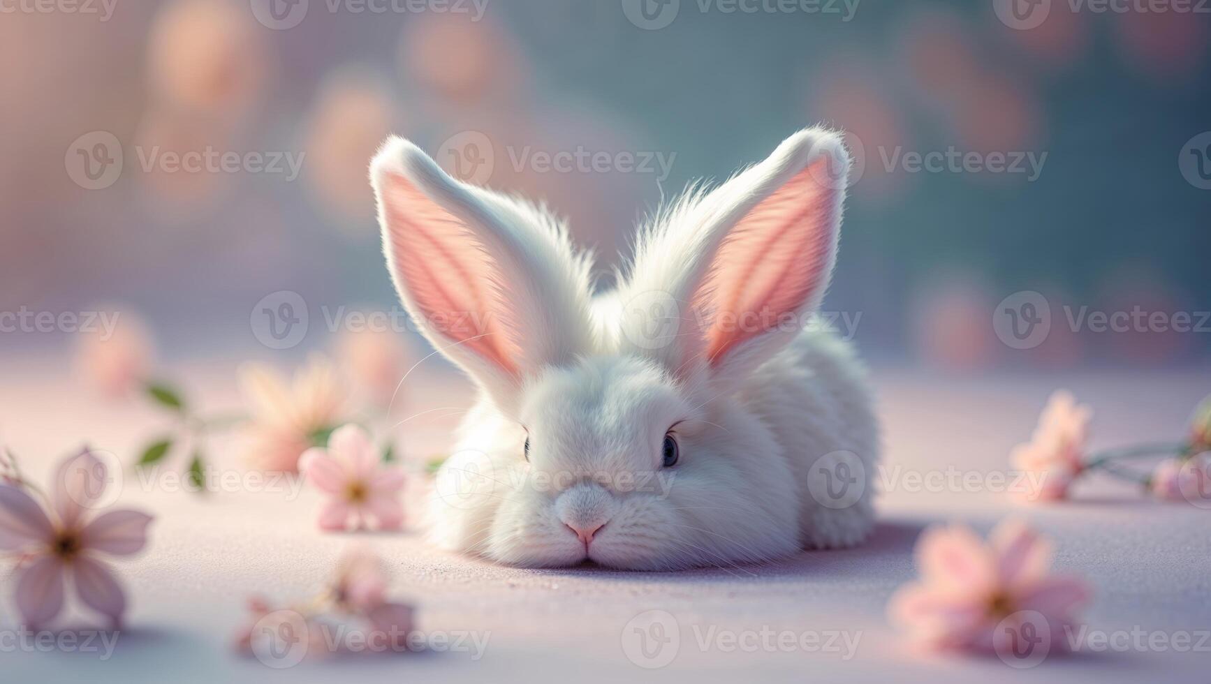 Cute fluffy white rabbit resting among soft pink flowers in a serene setting during springtime photo