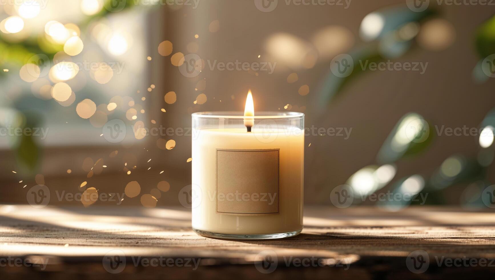 Candle flickers warmly on wooden table surrounded by natural light and soft bokeh effect photo