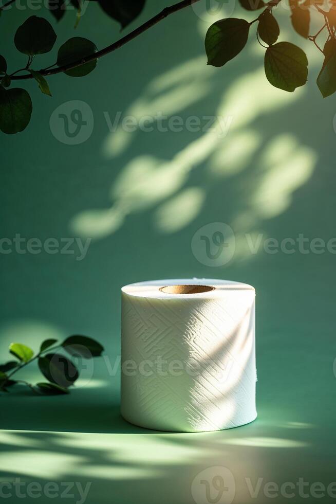 Innovative presentation of a roll of paper towels with natural greenery and soft light photo