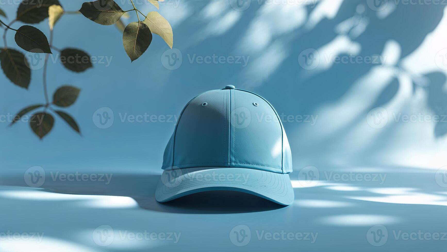 Stylish blue cap resting on a blue surface with soft shadows from nearby leaves photo