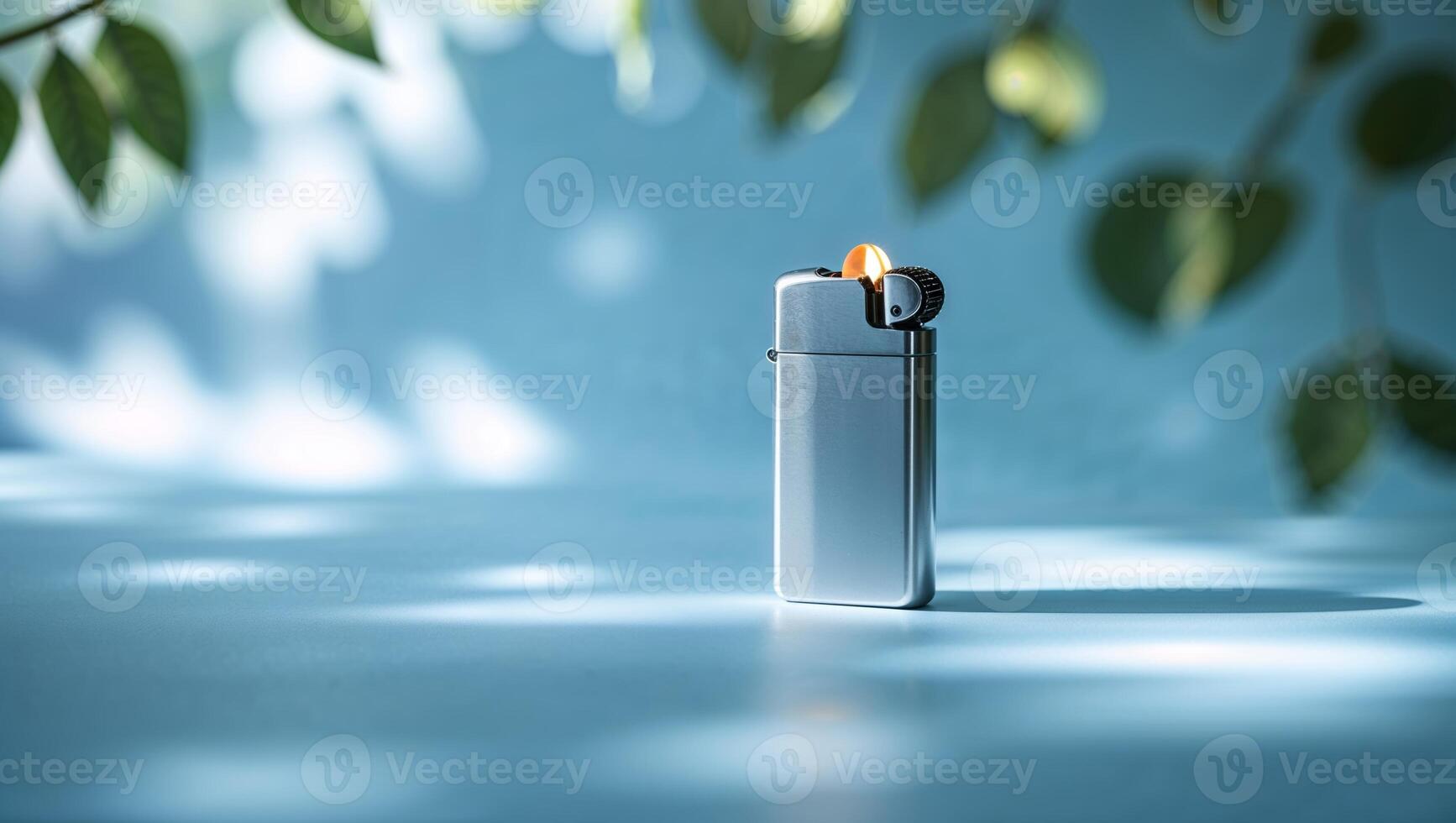 Silver lighter placed on a table illuminated by soft sunlight with leaves in the background photo