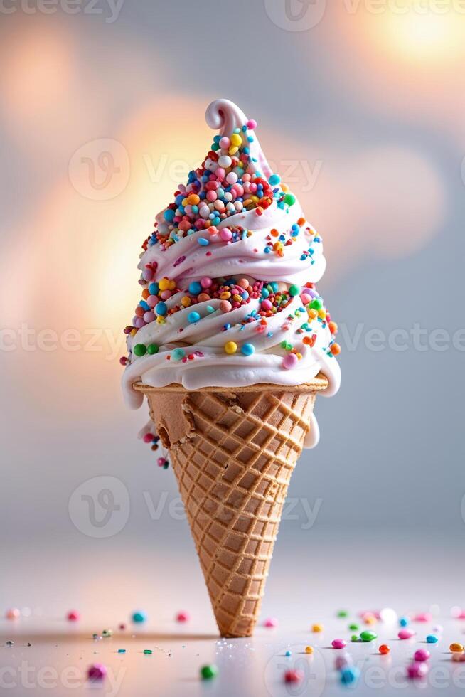 Colorful ice cream cone topped with sprinkles in a bright background during summer afternoon photo