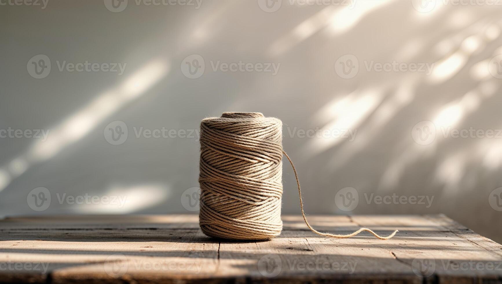 Natural twine spool rests on rustic wooden table illuminated by soft sunlight with shadows casting a serene atmosphere photo
