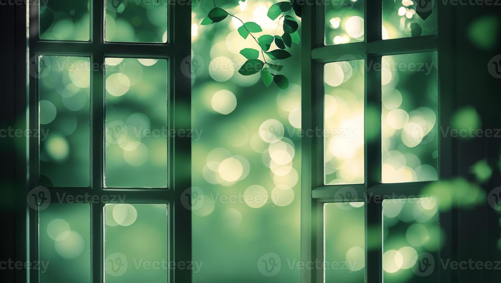 Soft green light filters through open windows showcasing a lush natural environment in a serene indoor space photo