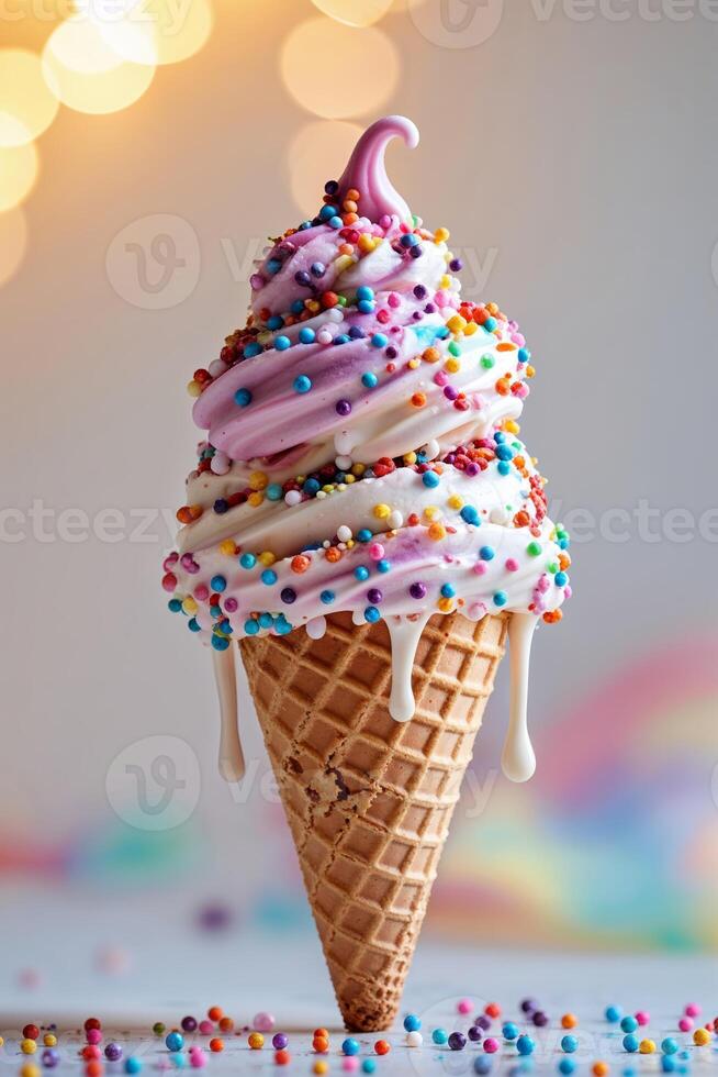 Colorful ice cream cone topped with sweet sprinkles on a bright background in a festive setting photo