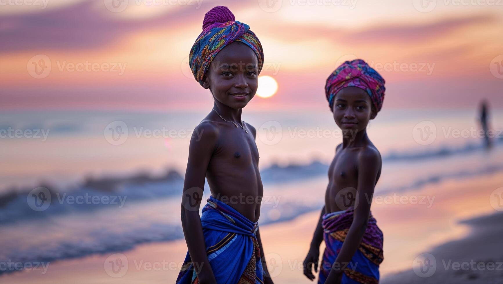 Children playing on the beach at sunset with colorful head wraps and traditional attire during golden hour photo