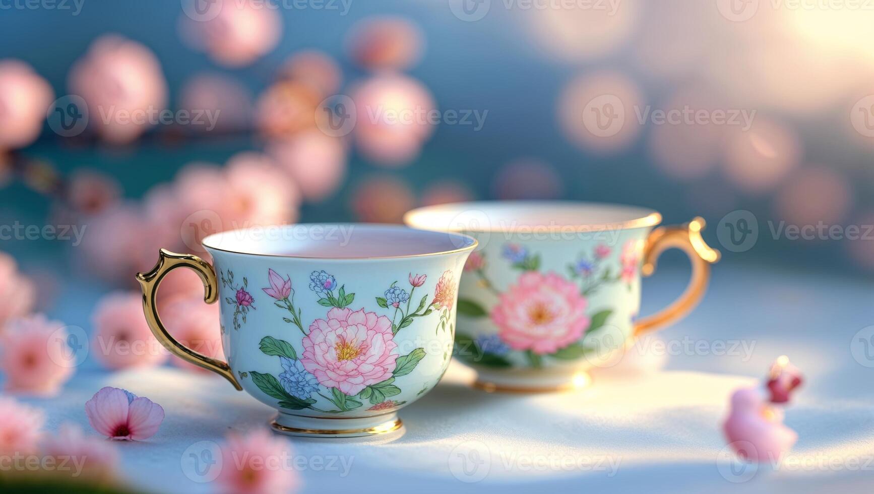 Delicate tea cups surrounded by pink blossoms in soft natural light photo