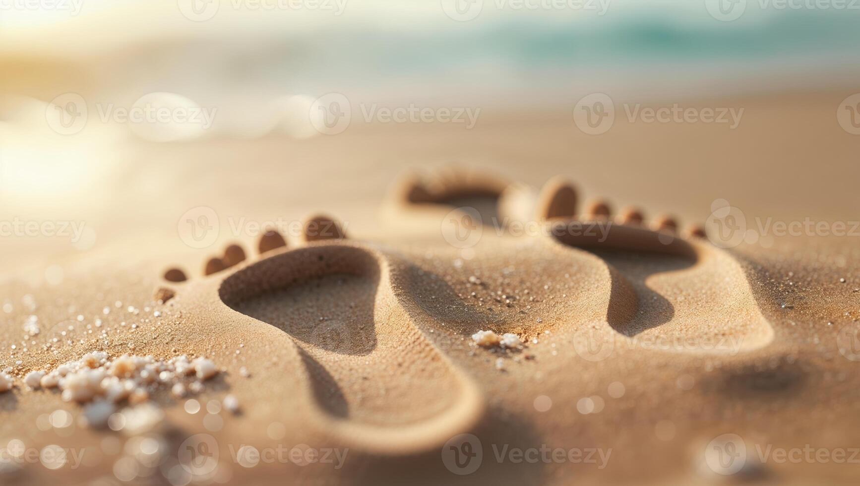 Footsteps on a sandy beach during sunset capturing moments of tranquility and nature's beauty photo