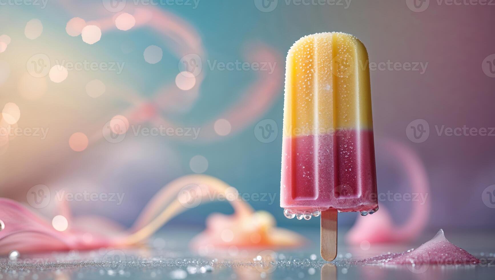 Colorful popsicle with vibrant layers and condensation against a soft pastel background photo