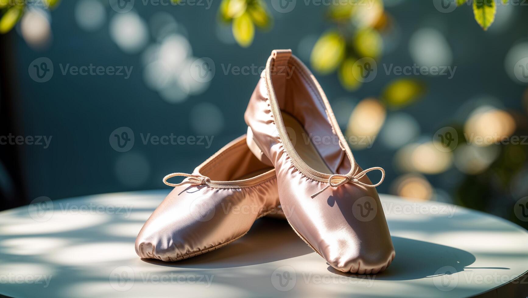 Ballet slippers positioned elegantly on a table illuminated by soft sunlight in a peaceful outdoor setting photo