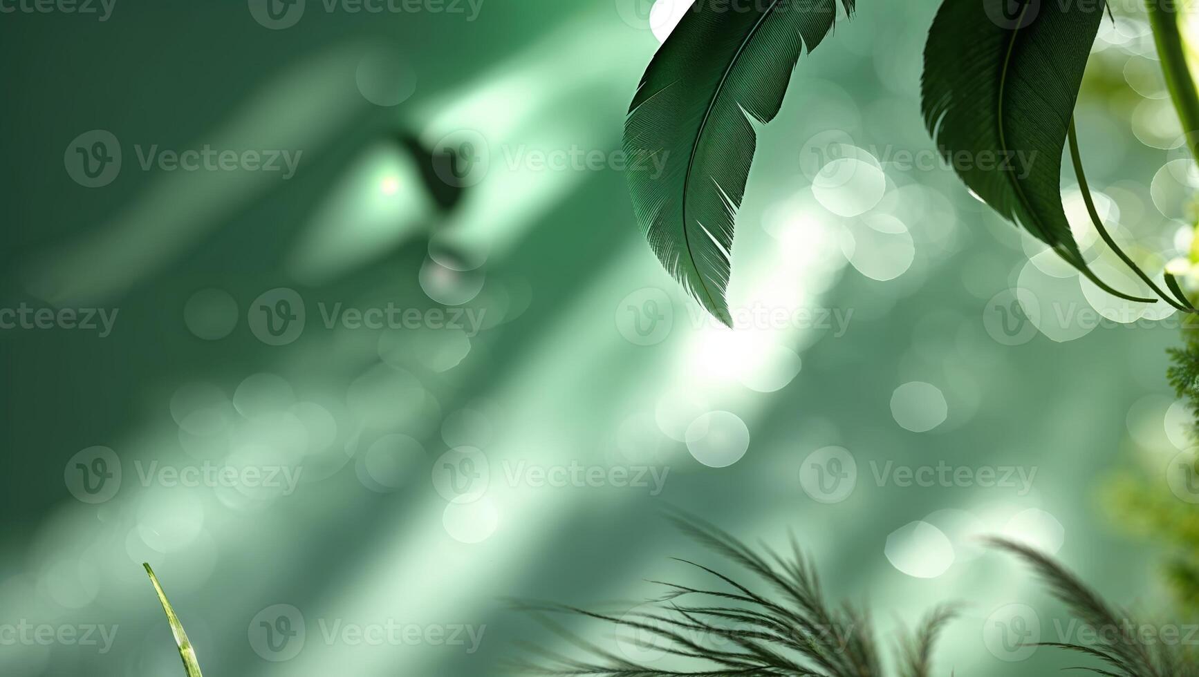 Lush green leaves illuminated by soft sunlight with bokeh effect creating a tranquil atmosphere in a natural setting photo