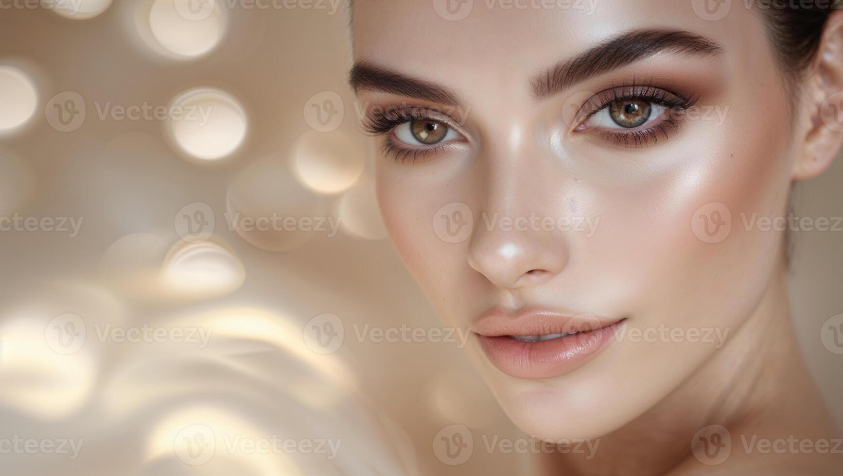 Beautiful close-up of a model showcasing natural makeup and glowing skin in a soft-lit setting photo