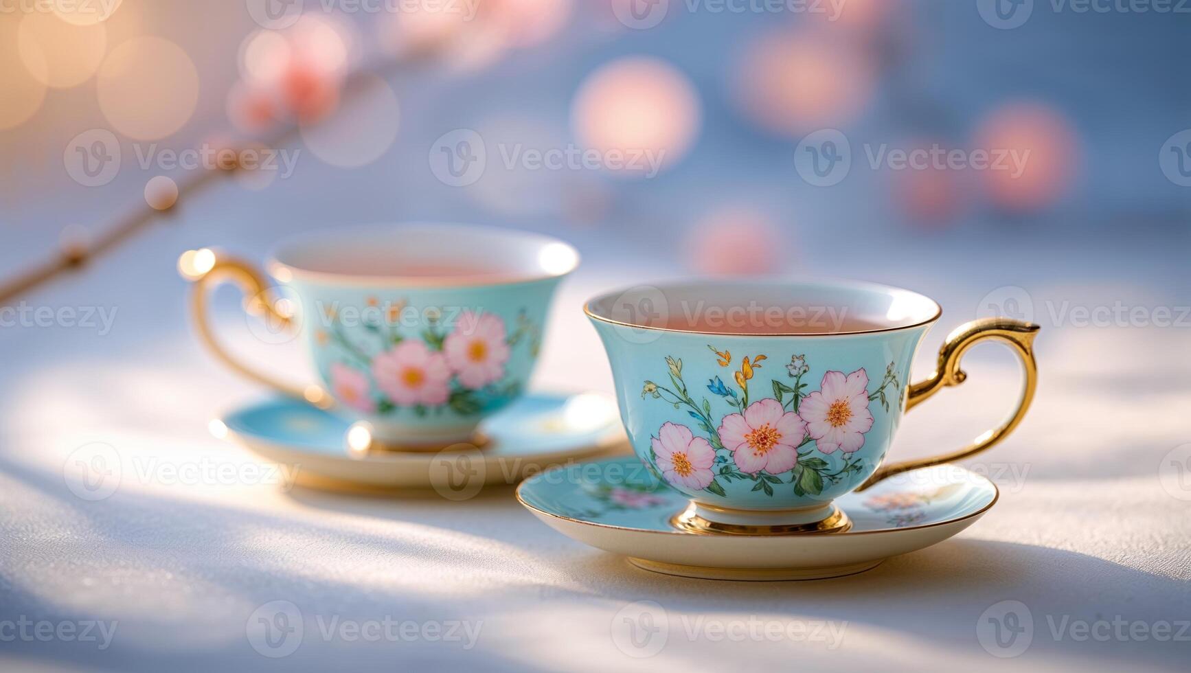 Elegant floral tea cups resting on a soft surface with blurred blossoms in the background during daylight photo
