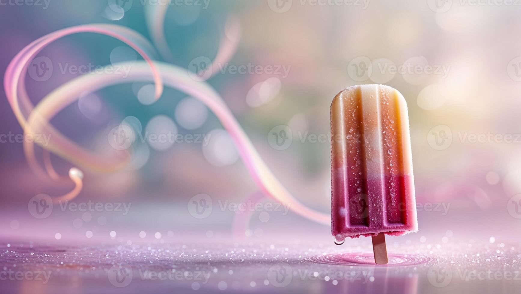 Colorful popsicle on a reflective surface with blurred background and whimsical swirls photo