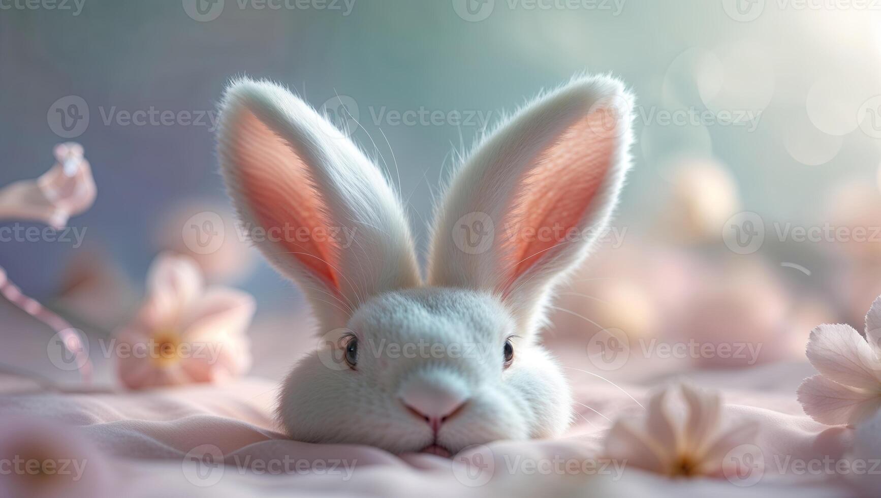 Cute white rabbit resting among delicate flowers in a serene setting with soft lighting photo
