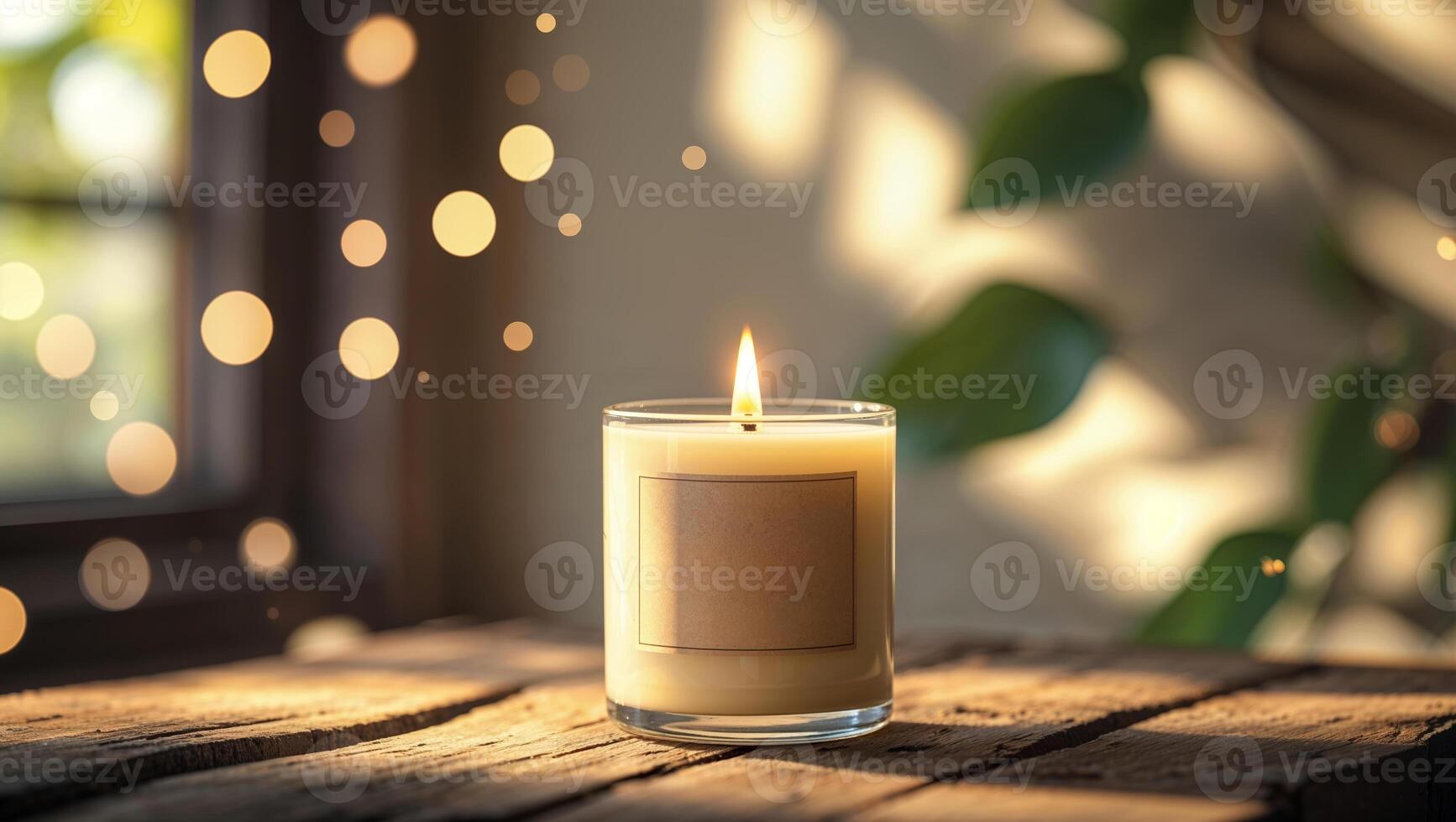 Warm candle glowing on wooden table with soft light and greenery in a cozy indoor setting photo