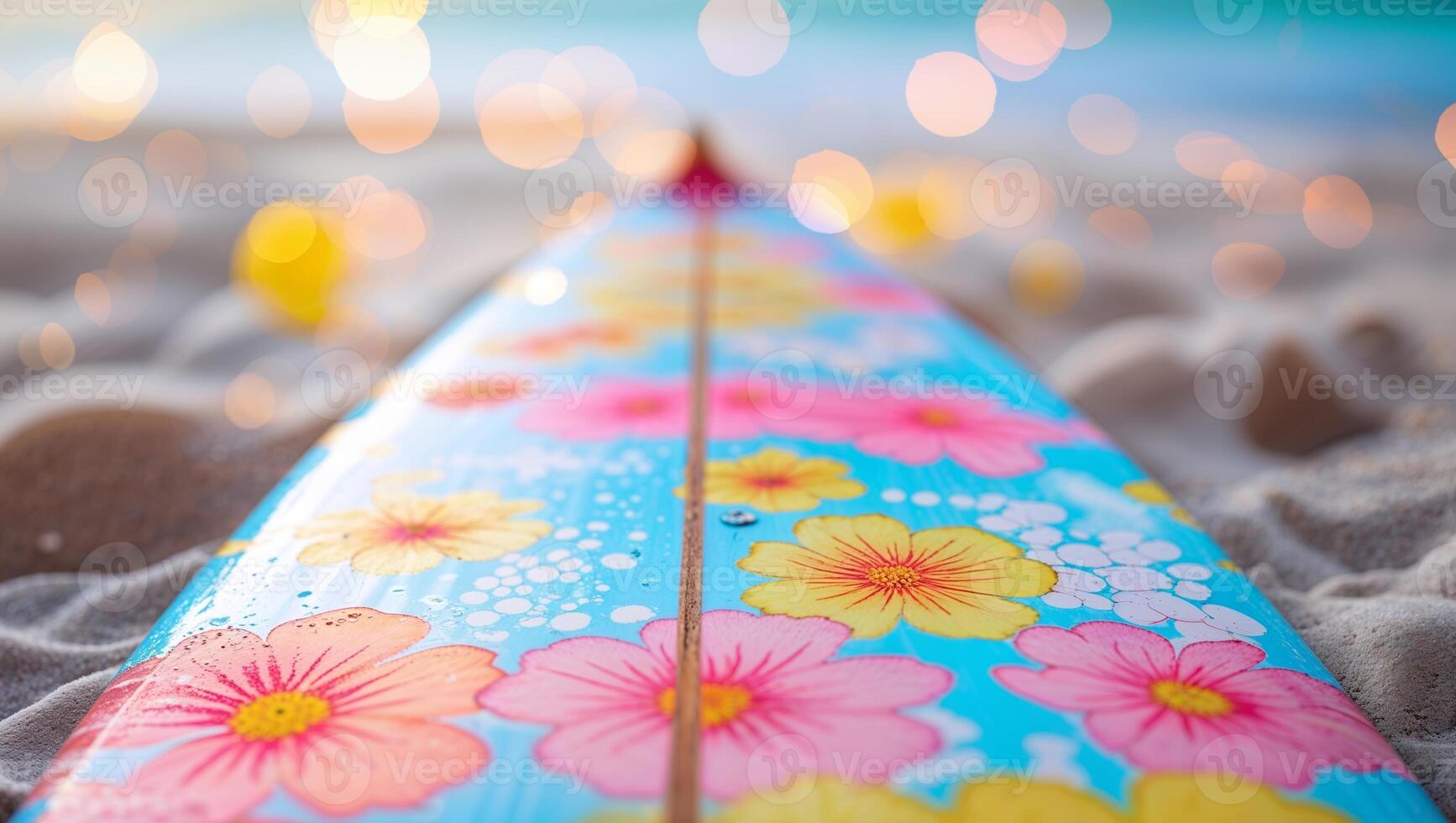 Colorful surfboard rests on sandy beach with ocean waves in background during sunny day photo