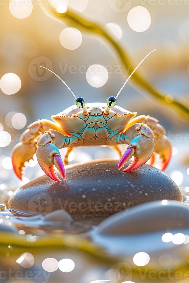 Colorful crab perched on a smooth stone against a shimmering water backdrop at sunset photo