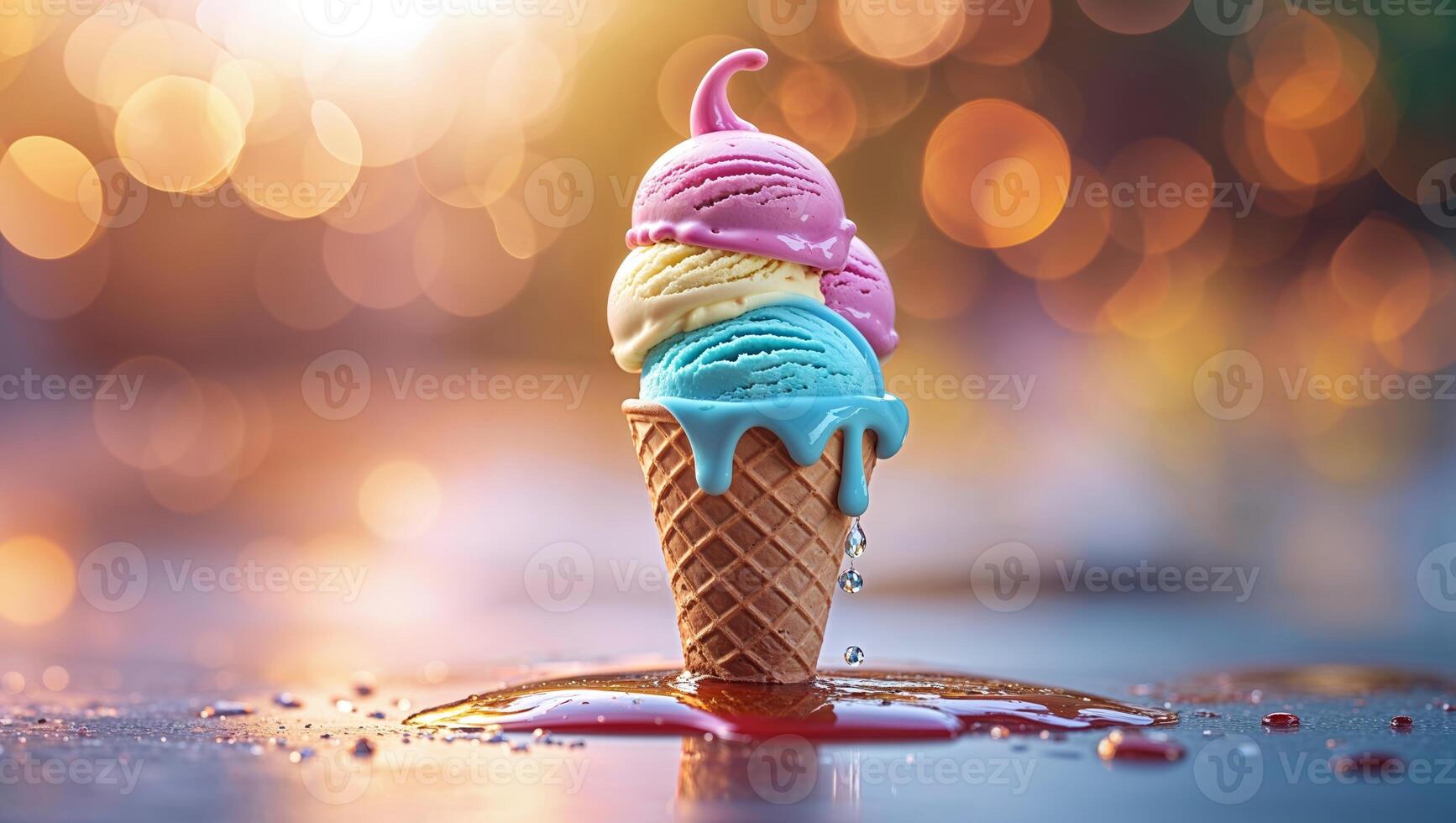 Colorful ice cream cone melting under warm sunlight with blurred background photo