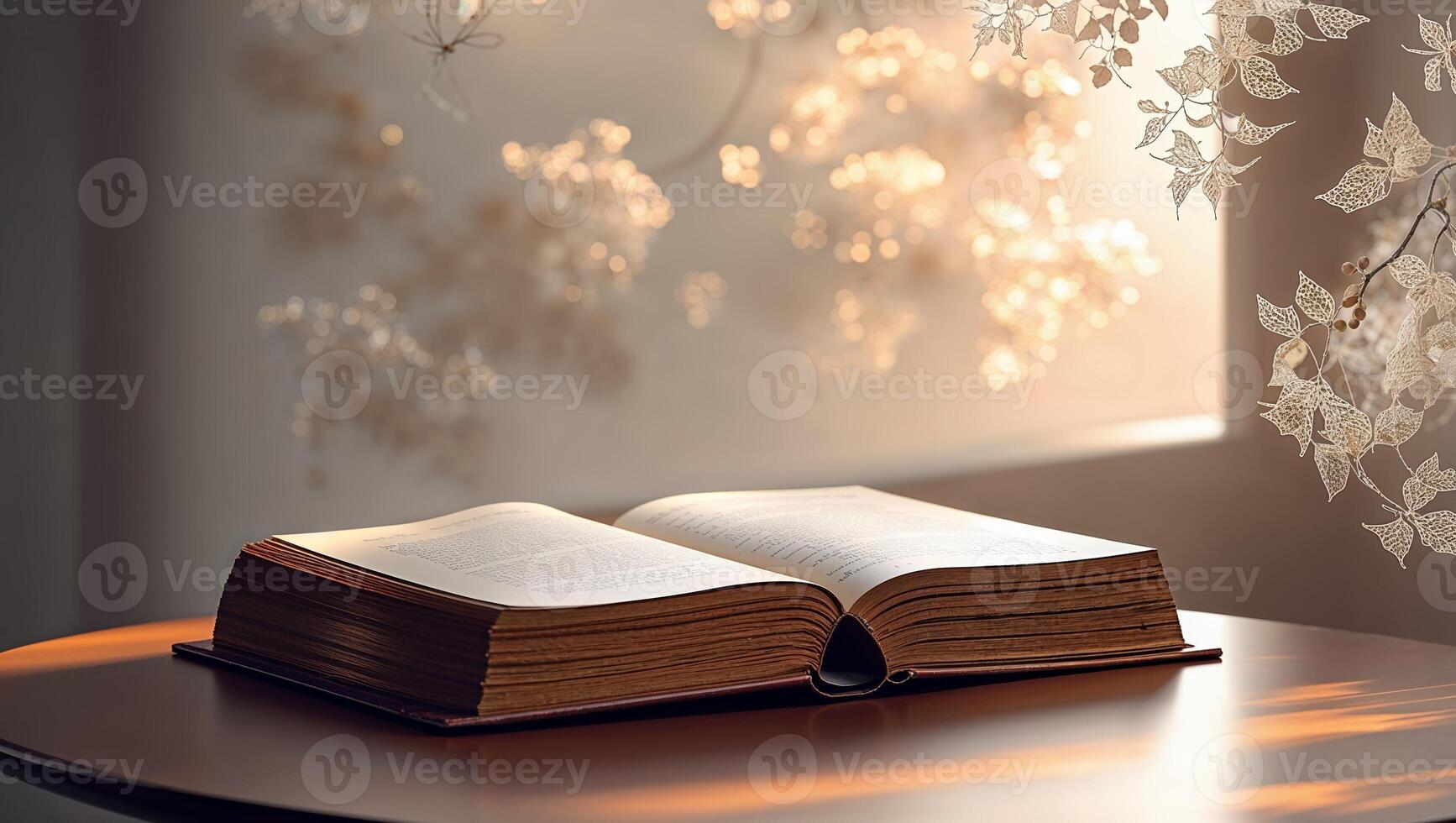 Light streams through a window illuminating an open book on a wooden table surrounded by soft floral decor photo