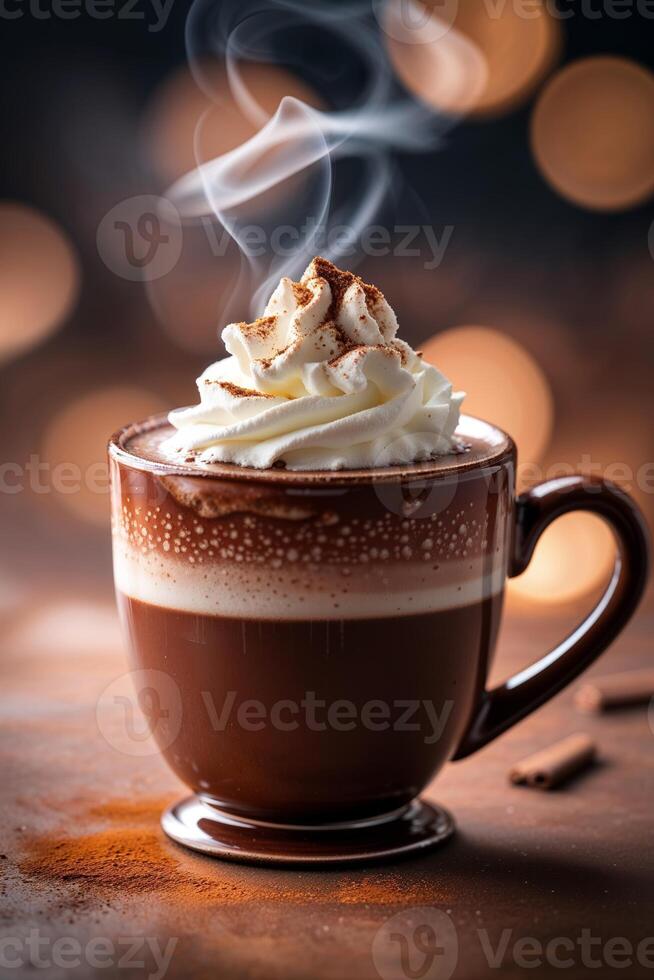 Warm cup of hot chocolate topped with whipped cream and cocoa, glowing ambiance in the background photo