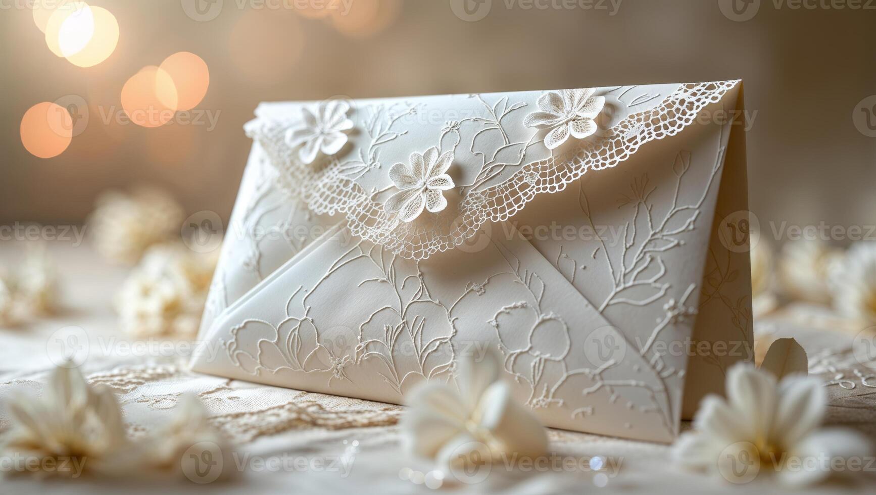 Elegant white envelope with floral design placed on a soft surface surrounded by small decorative flowers photo