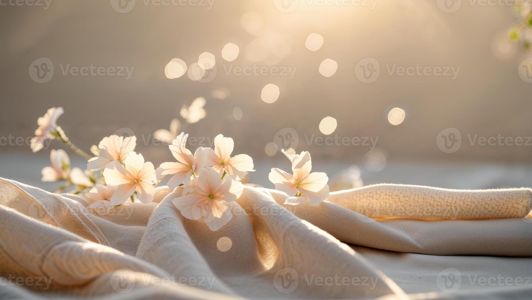 Delicate cherry blossoms placed on soft fabric glowing in warm sunlight at dawn with sparkling bokeh effect photo
