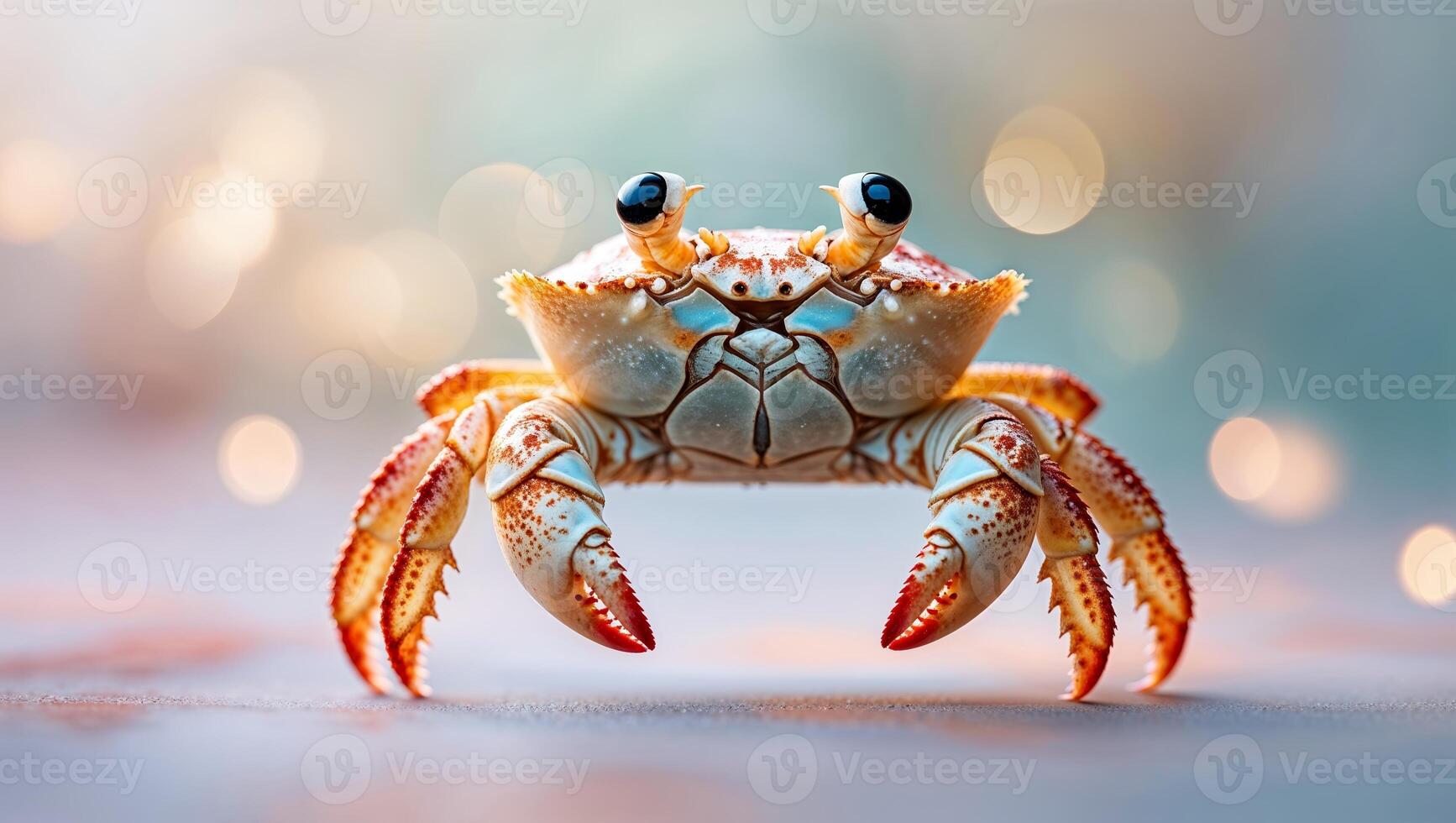 Unique close-up of a small crab showcasing its vivid colors and distinct features in a tranquil setting photo