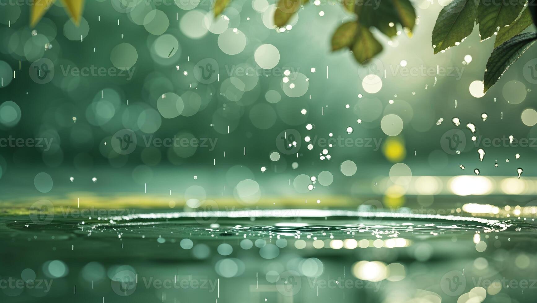 Rain falling gently on a tranquil pond surrounded by lush greenery in the early morning light photo
