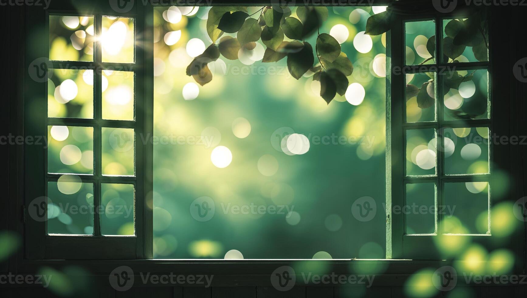 Sunlight filters through an open window showcasing lush green foliage and shimmering bokeh in a tranquil setting photo