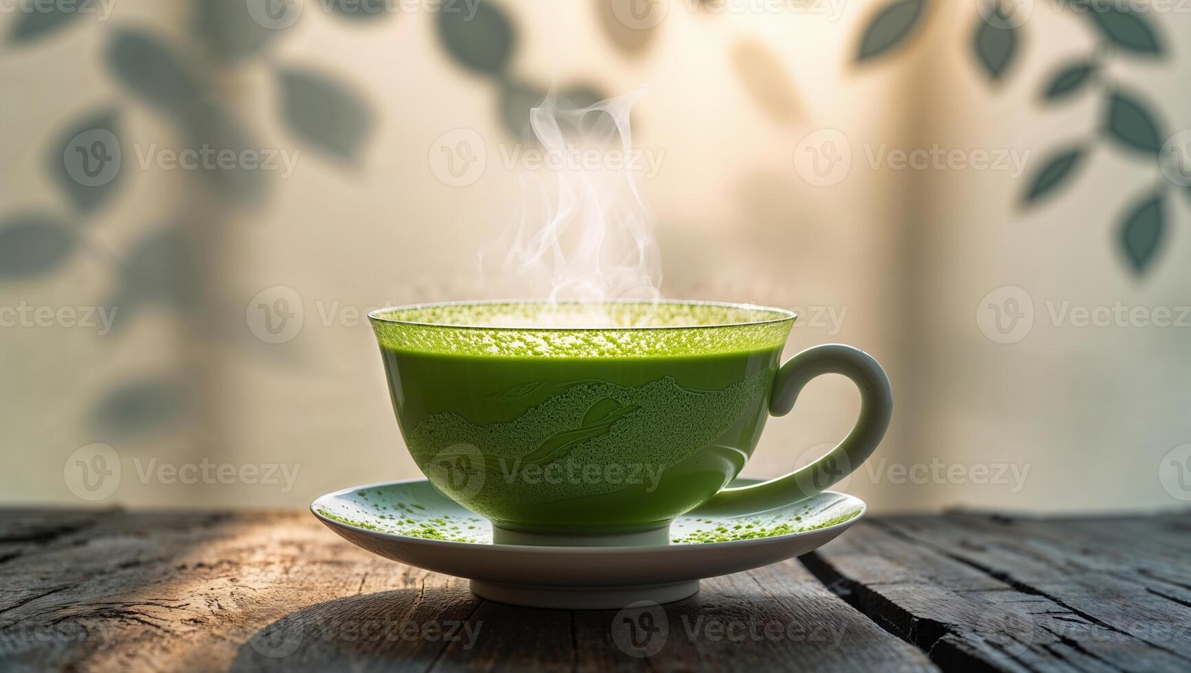 Steaming cup of green tea on a wooden table with soft natural light in the background during a peaceful morning photo