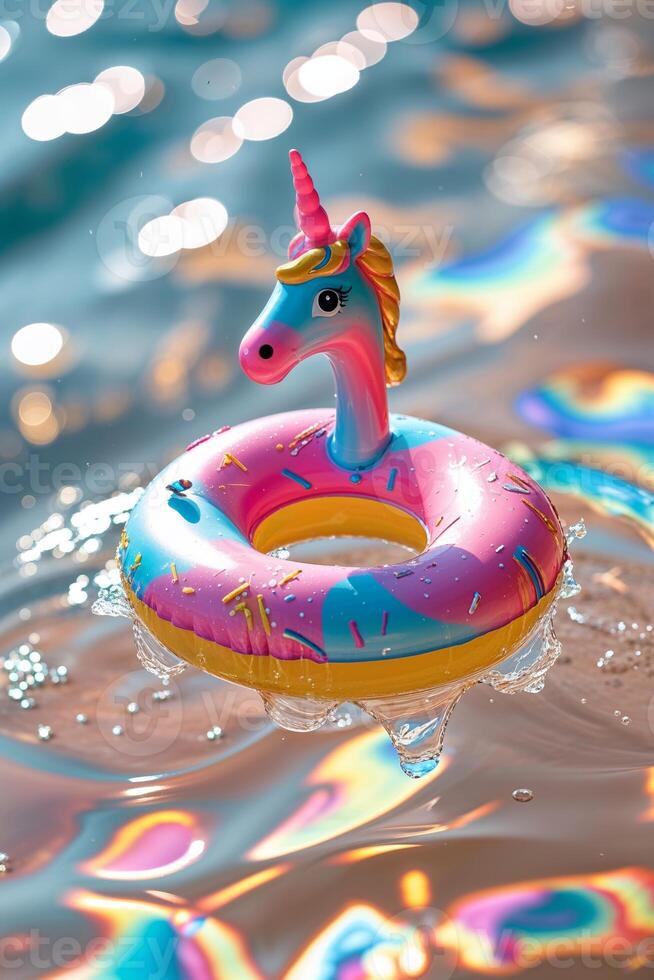 Colorful unicorn float sits in sparkling water on a sunny day by the pool photo