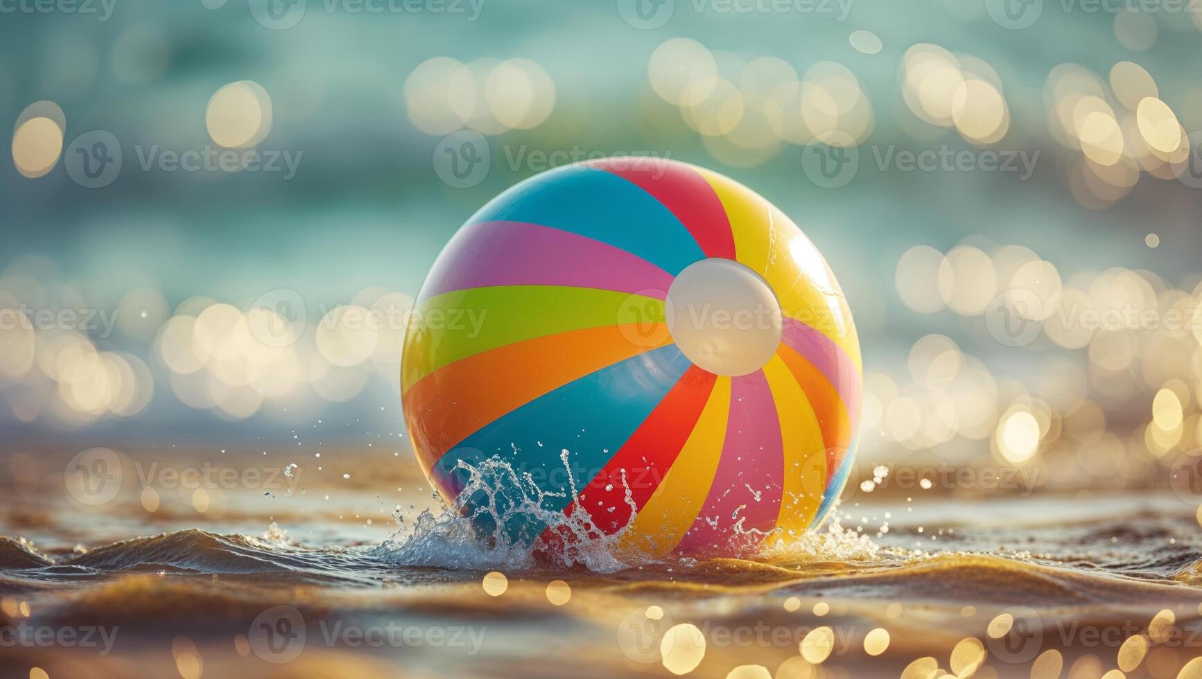 Colorful beach ball splashes in the ocean at sunset with soft waves and shimmering sunlight photo