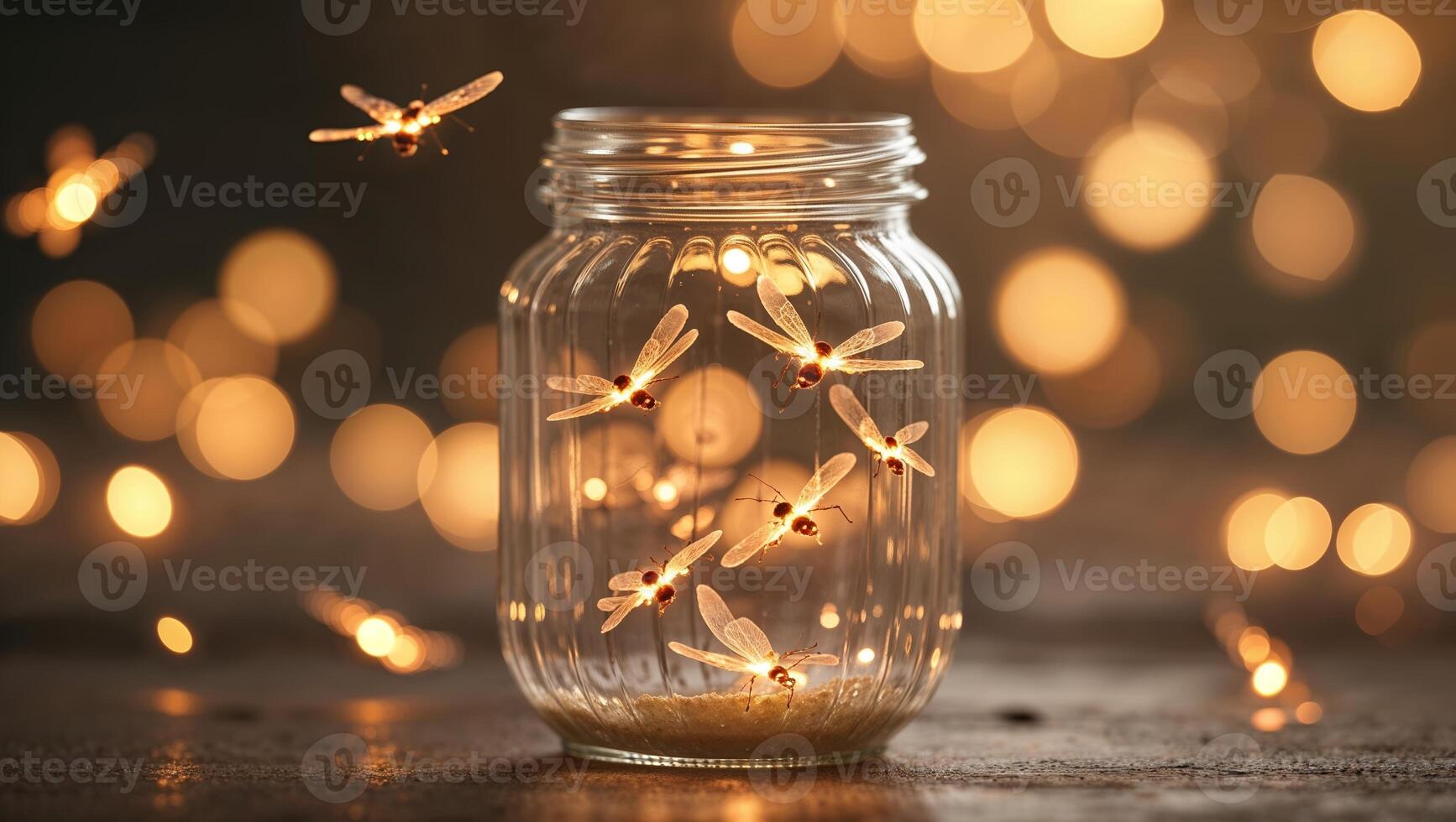 Fireflies illuminate a jar with warm lights in a tranquil nighttime setting photo
