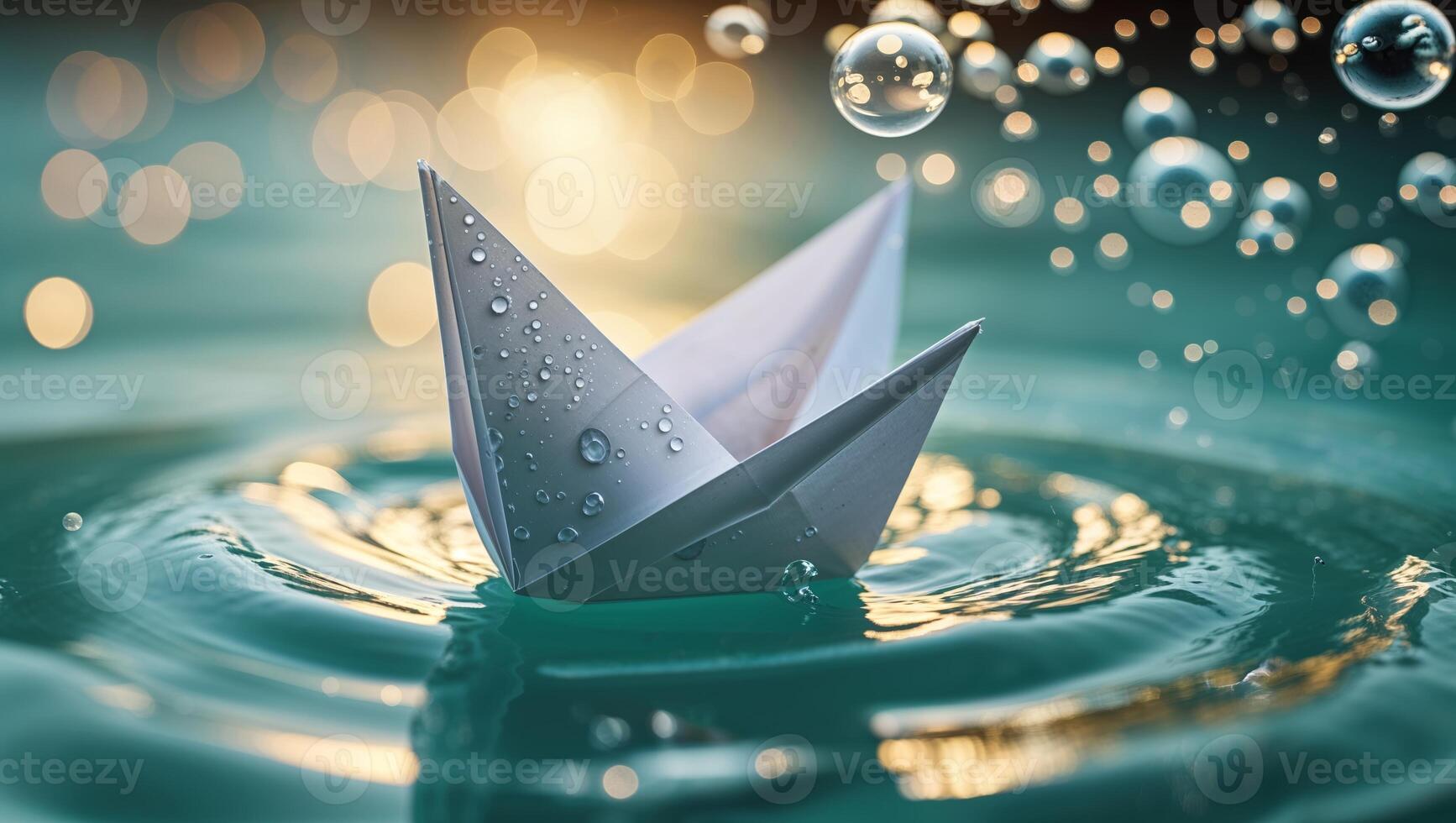 Paper boat gently bobbing on serene water while bubbles rise in soft evening light photo