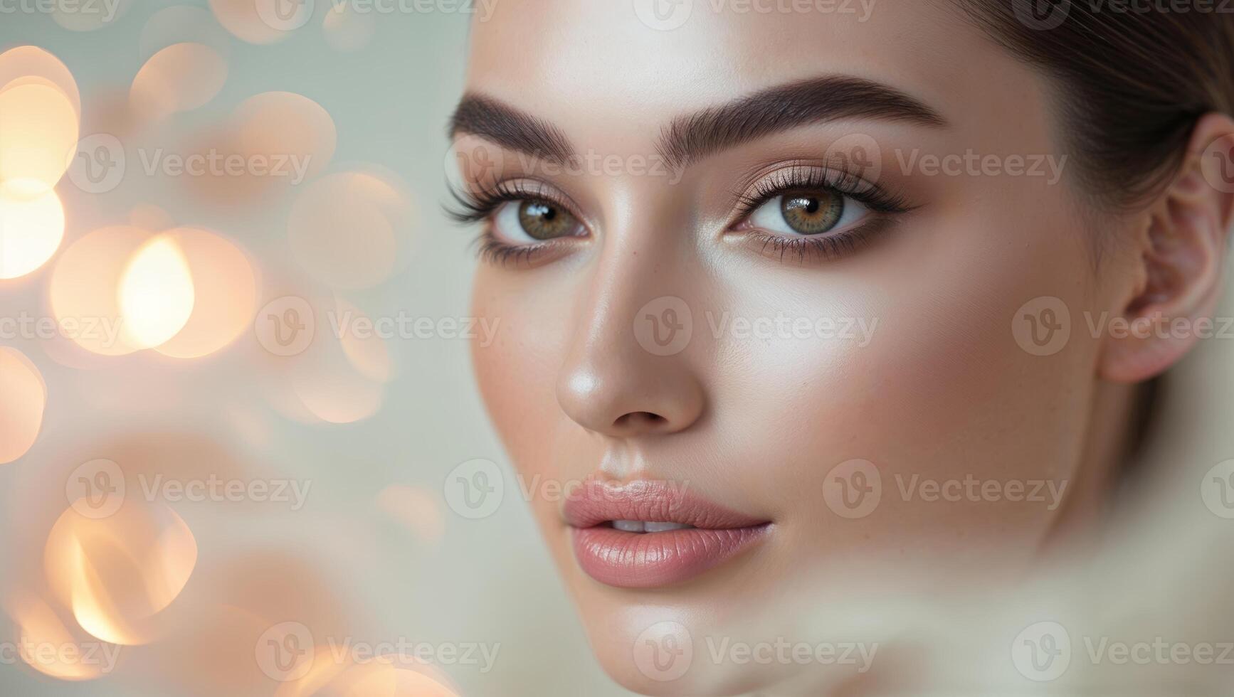 Beautiful woman with flawless skin and striking eyes in a soft-focus background with warm bokeh lights during a beauty shoot photo