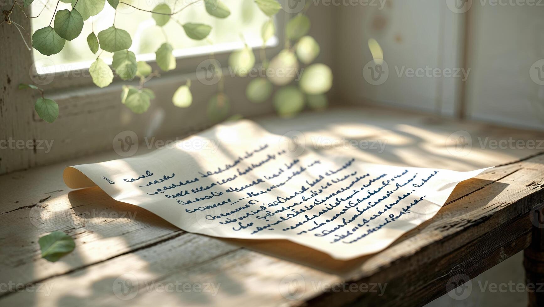 Handwritten letter resting on a rustic wooden table by a sunlit window surrounded by delicate foliage in a cozy setting photo