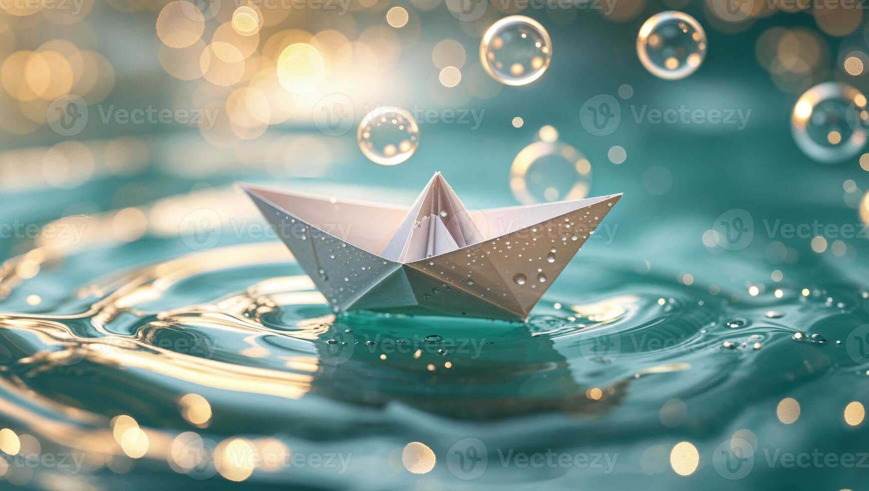Creative paper boat floats on shimmering water with bubbles during a sunny day photo