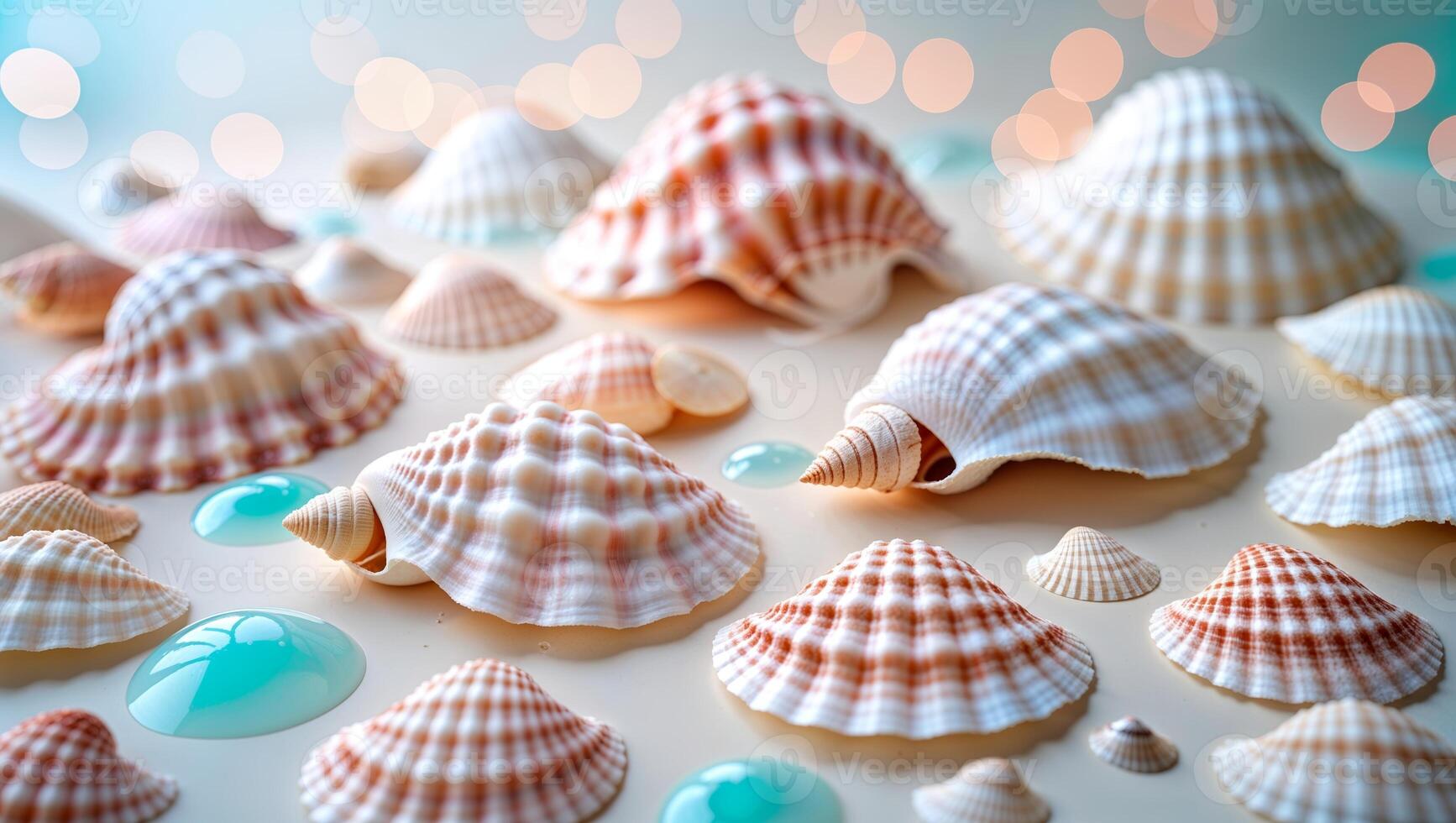 Seashells arranged artistically on a surface with colorful accents and blurred lighting background photo