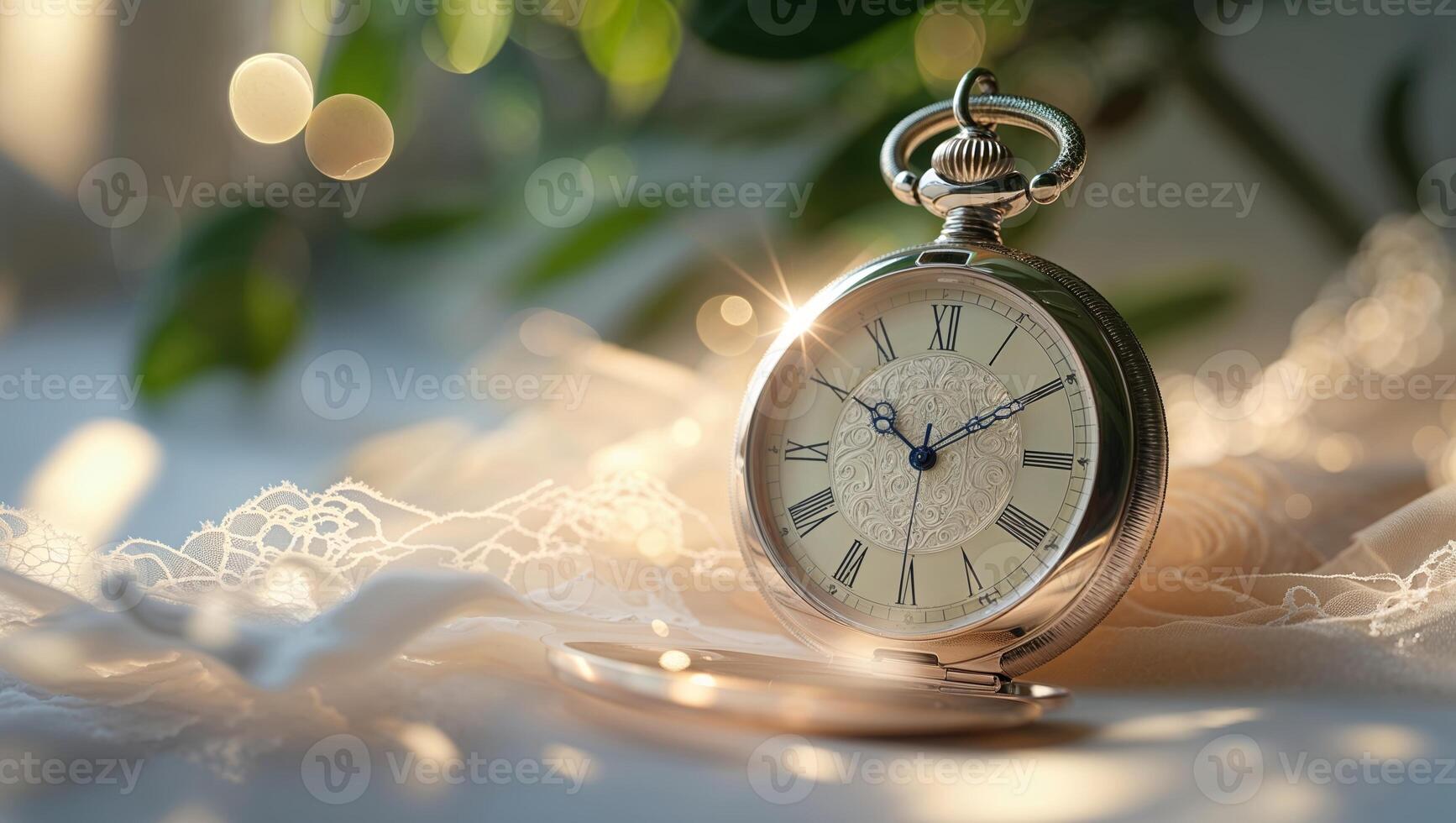 Vintage pocket watch resting on delicate lace with soft sunlight illuminating the scene photo