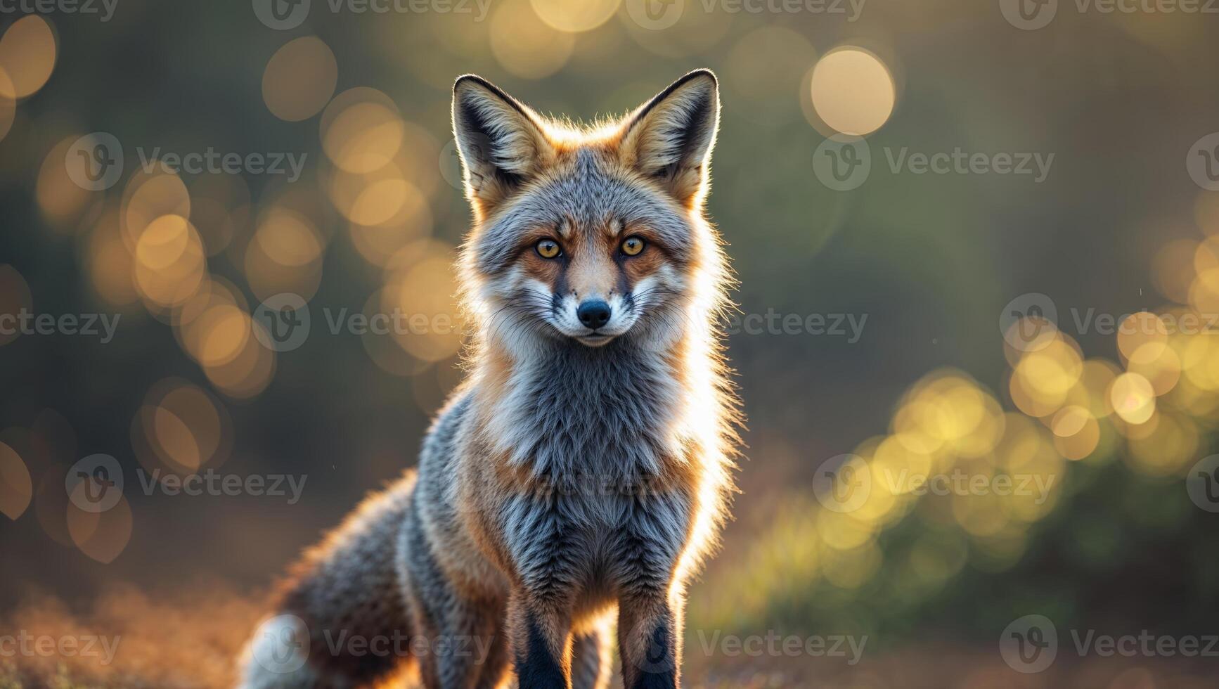 Red fox standing still in a sunlit forest with a soft bokeh background during golden hour photo