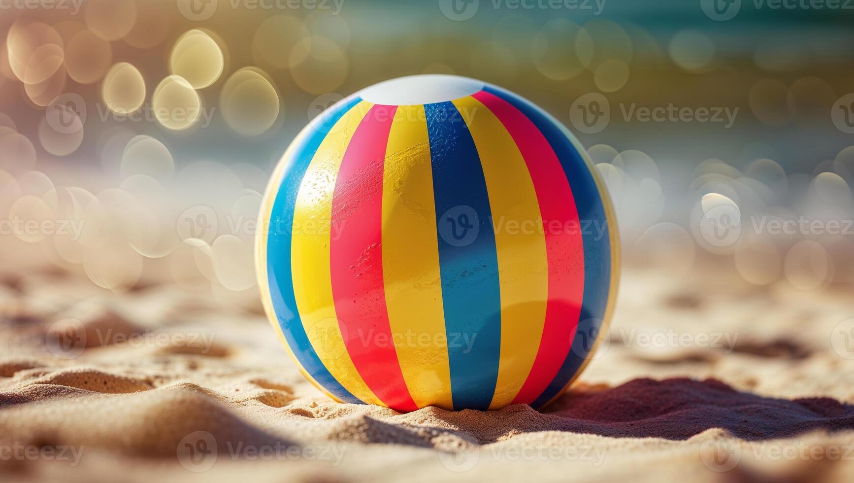 Colorful beach ball resting on sandy shore with gentle ocean waves in the background at sunset photo